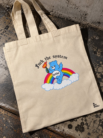 Ολόκληρη μπεζ tote bag με πολύχρωμο σχέδιο μπλε αρκουδιού και ουράνιου τόξου