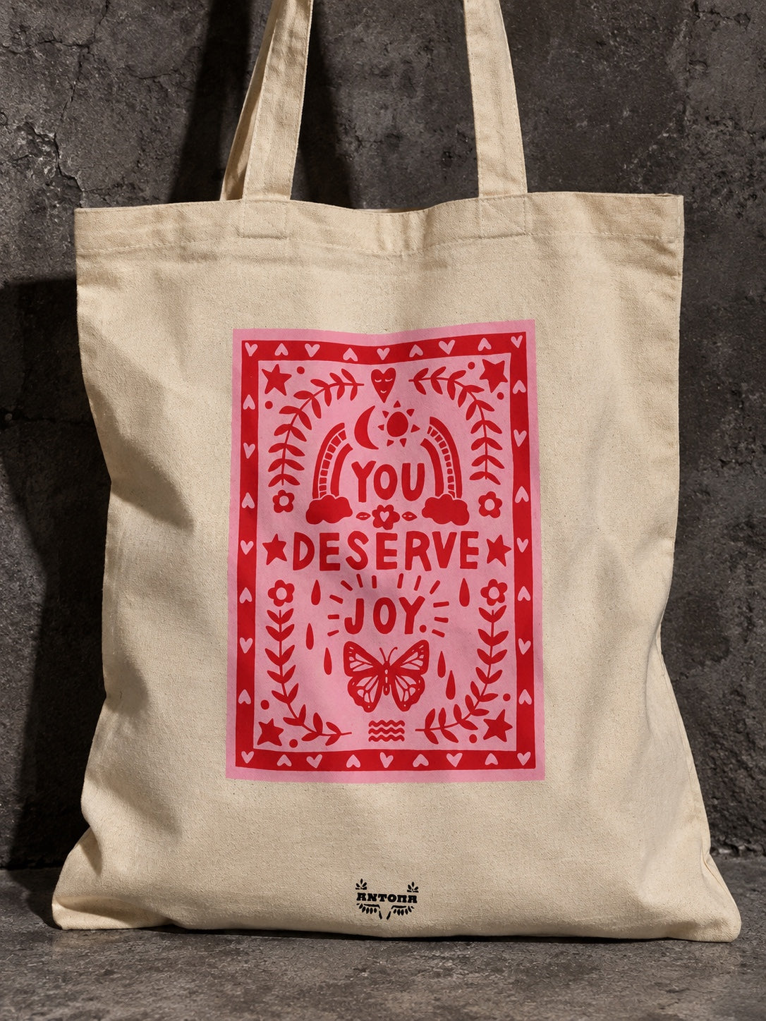 Μπεζ tote bag με κόκκινο και ροζ σχέδιο You Deserve Joy