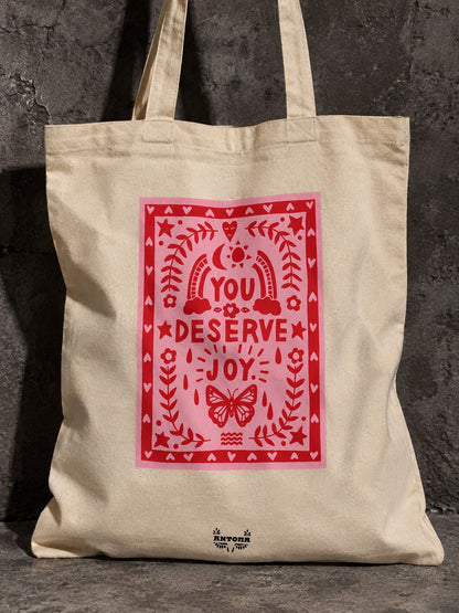 Μπεζ tote bag με κόκκινο και ροζ σχέδιο You Deserve Joy