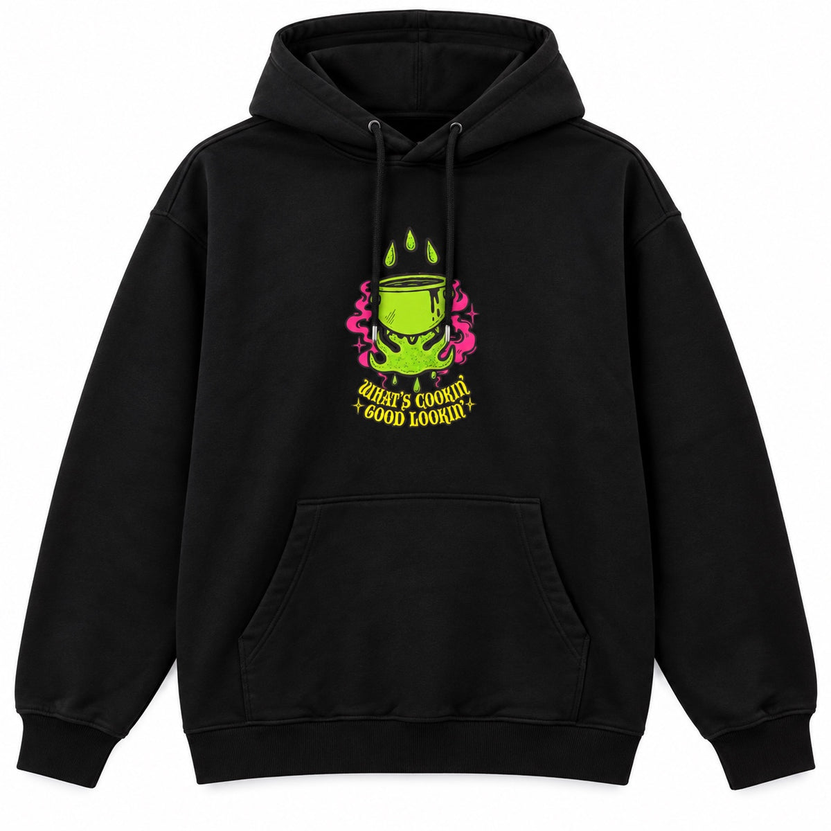 Μαύρο graphic hoodie, μπροστινή όψη σε λευκό φόντο