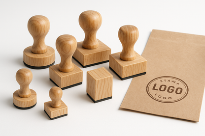 wooden plywood stamps 5 with round bottom and 5 with square, realistic in white background and on logo fresh stamped in a paper bag